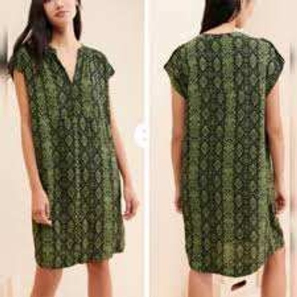 Anthropologie Green Snakeskin Print Shift Dress Pockets Petite Medium MP